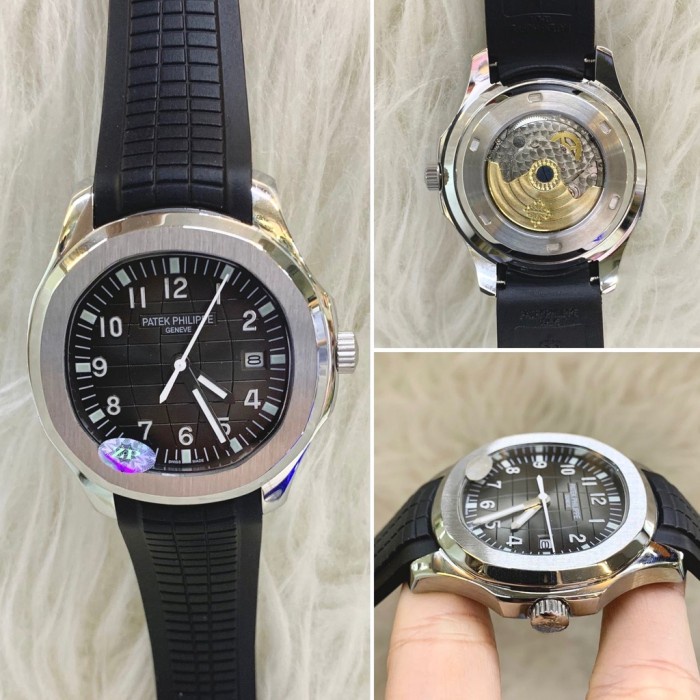 JAM TANGAN PRIA PP PATEK PHILIPPE AQUANAUT SILVER BLACK DIAL BLACK