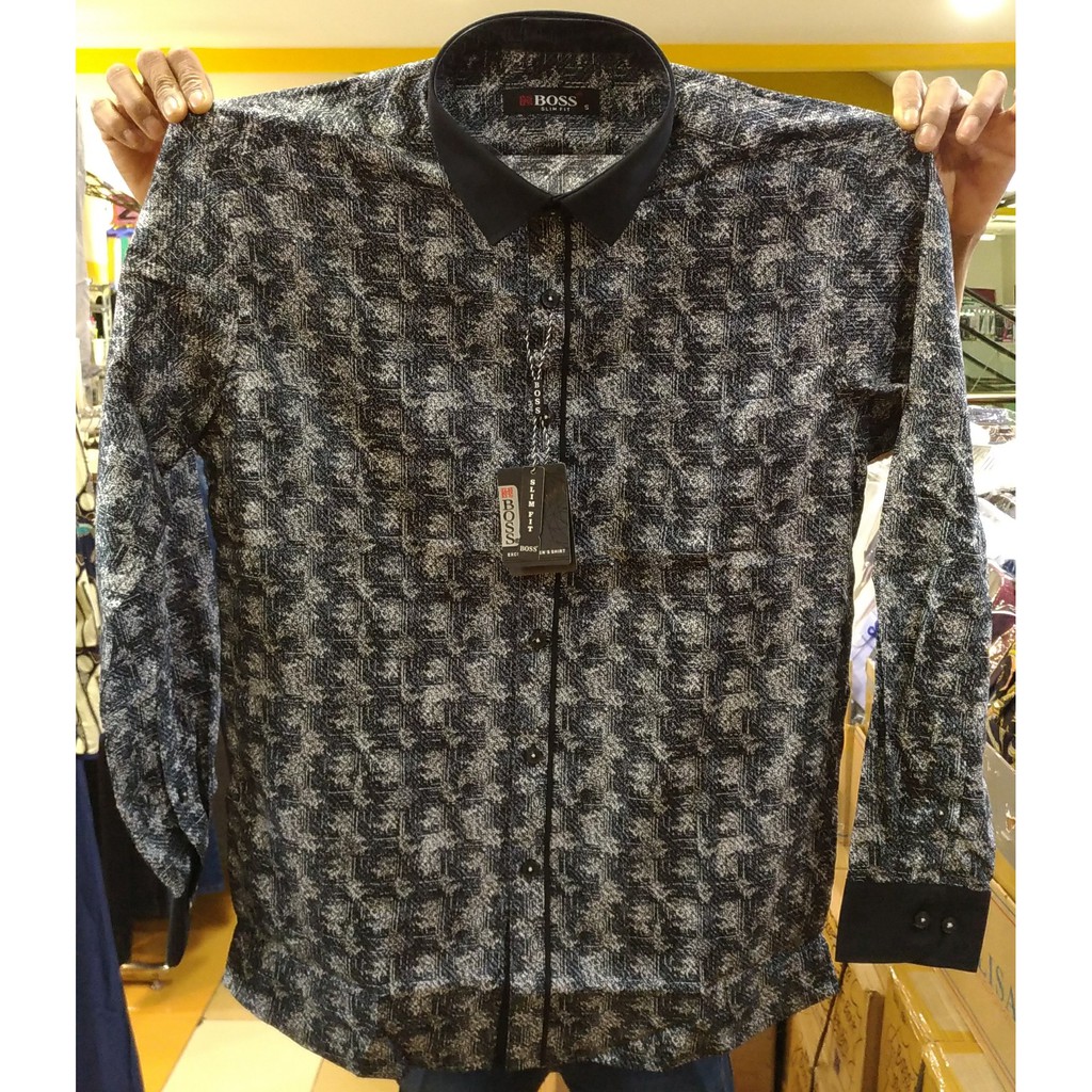 Kemeja Pria Boss Panjang Slimfit Misty Style Biru Abu Tua Casual