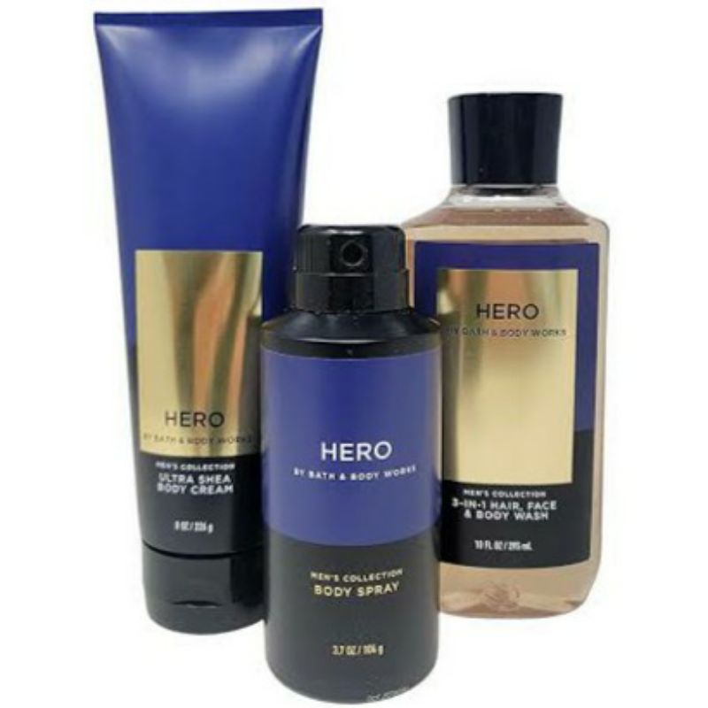 BATH AND BODY WORKS BBW MENS COLLECTION HERO SERIES BODY CREAM 226 G &amp; 70 G 2IN1 3IN1 HAIR , FACE &amp; BODY WASH 295 ML &amp; 88 ML DEODORIZING BODY SPRAY 104 G MINI COLOGNE 100 G &amp; 15 ML SHAVE GEL 191 G ROOMSPRAY 42,5 G POCKETBAC HANDCREAM 29 ML