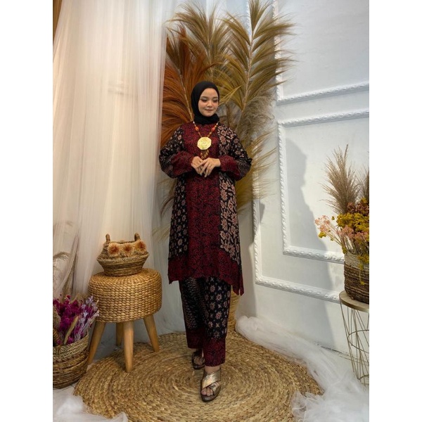 BAJU SETELAN MALAYA WANITA BATIK VISCOSE SUTRA TERBARU BAJU SETELAN PESTA WANITA BISA COD