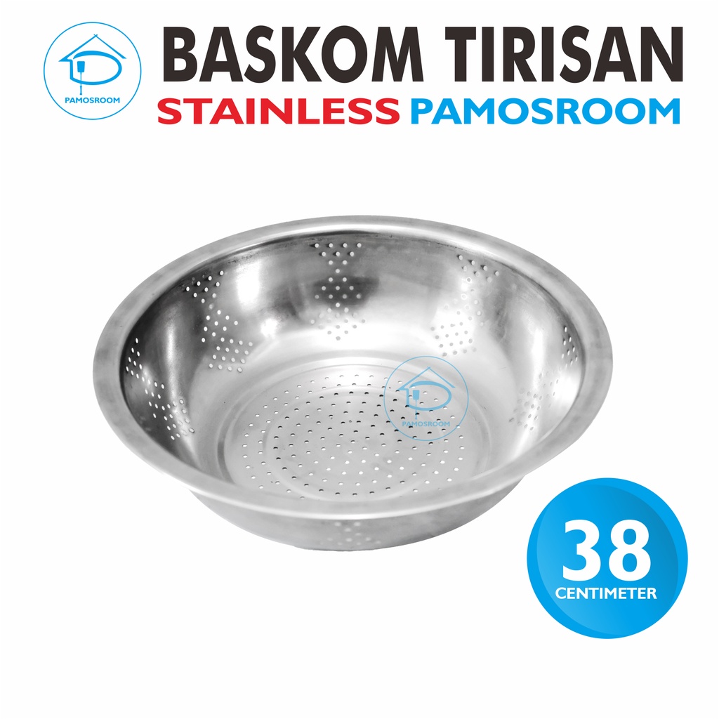 Pamosroom Baskom Saringan Stainless 38cm Baskom Tirisan Buah Sayur Beras Mangkok Saji Stainless 38cm