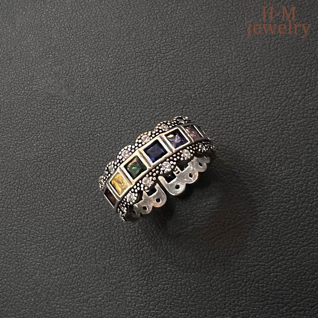 Cincin Model Terbuka Bahan Sterling Silver 925 Desain Renda Warna Pelangi Gaya Vintage Untuk Wanita