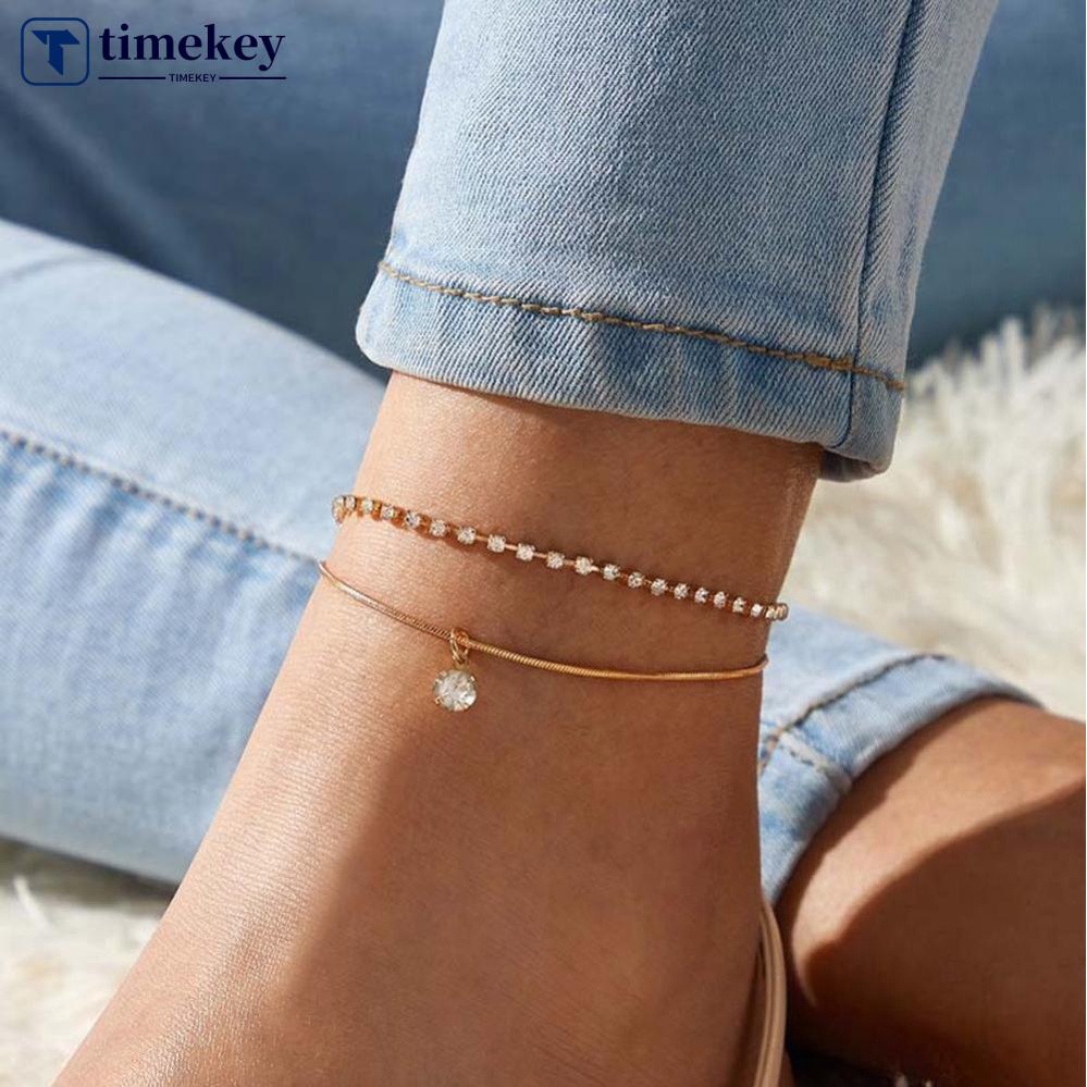 Timekey Gelang Kaki Rantai Ular Lapis Ganda Hias Zircon Untuk Wanita A3K1