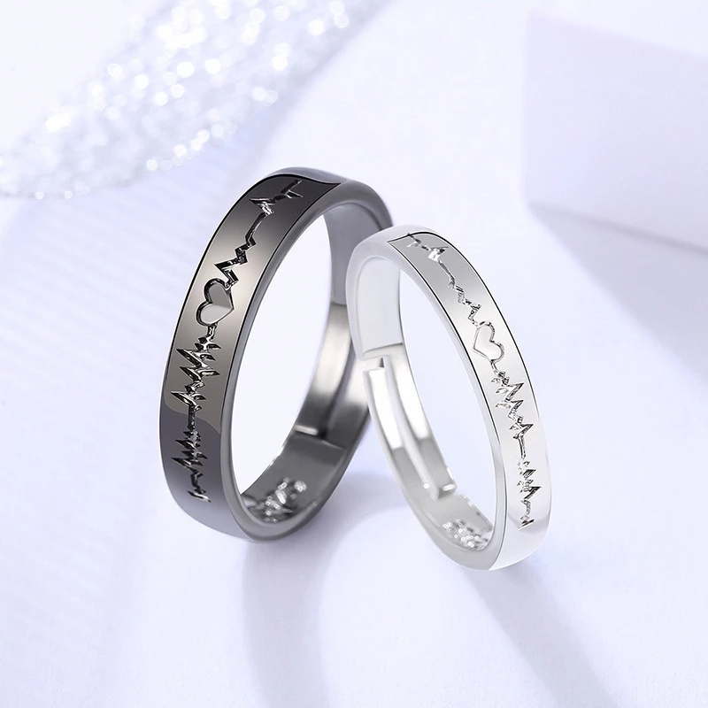 Cincin Pasangan Motif Tulisan ECG Forever Love Warna Hitam / Putih Untuk Pria / Wanita