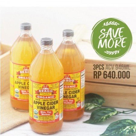 Bragg, Organic Apple Cider Vinegar 946ml for 3pc (ACV / Cuka Apel)