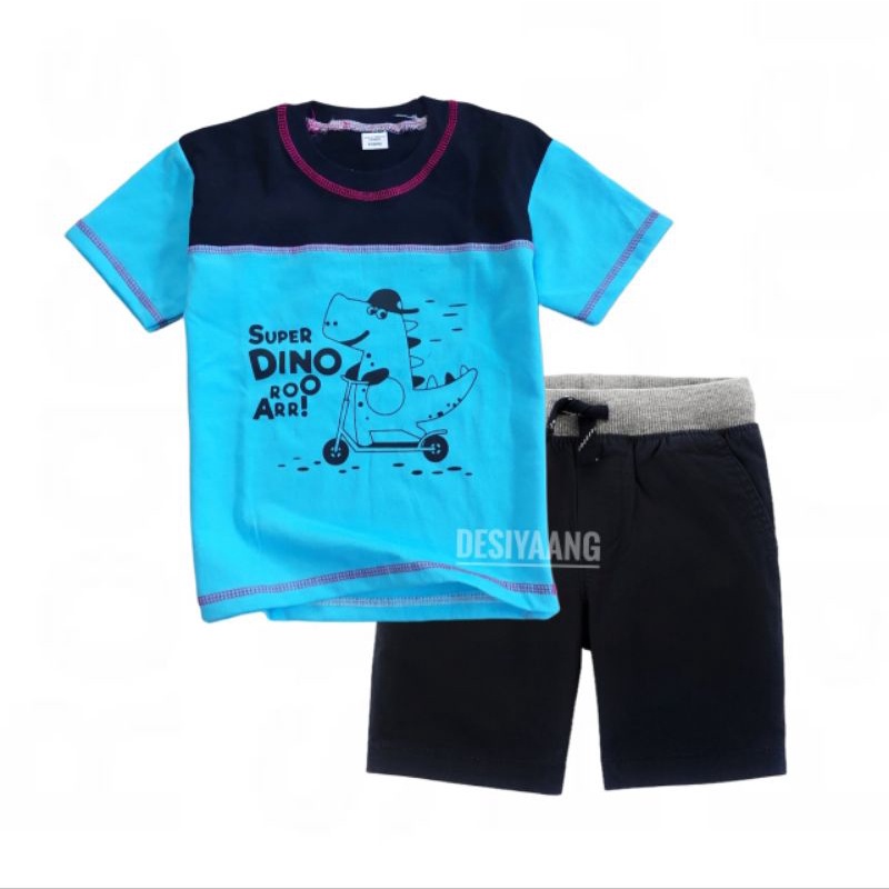 SET ANAK Laki Laki KAOS Oblong Two Tone DAN CELANA Pendek RIB MOTIF Size S Usia 3-4  Tahun