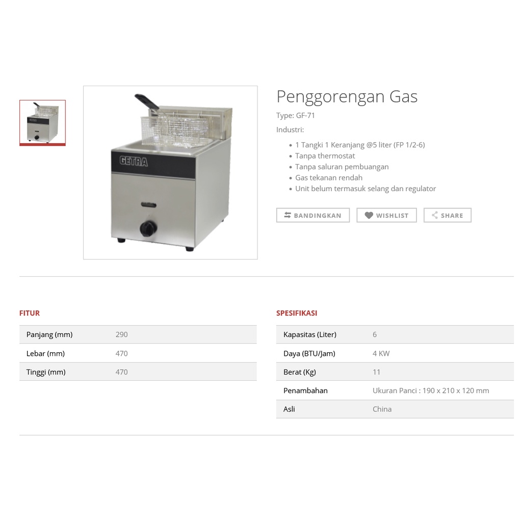 GETRA GAS FRYER ALAT PENGGORENG MAKANAN GF 71 DEEP FRYER