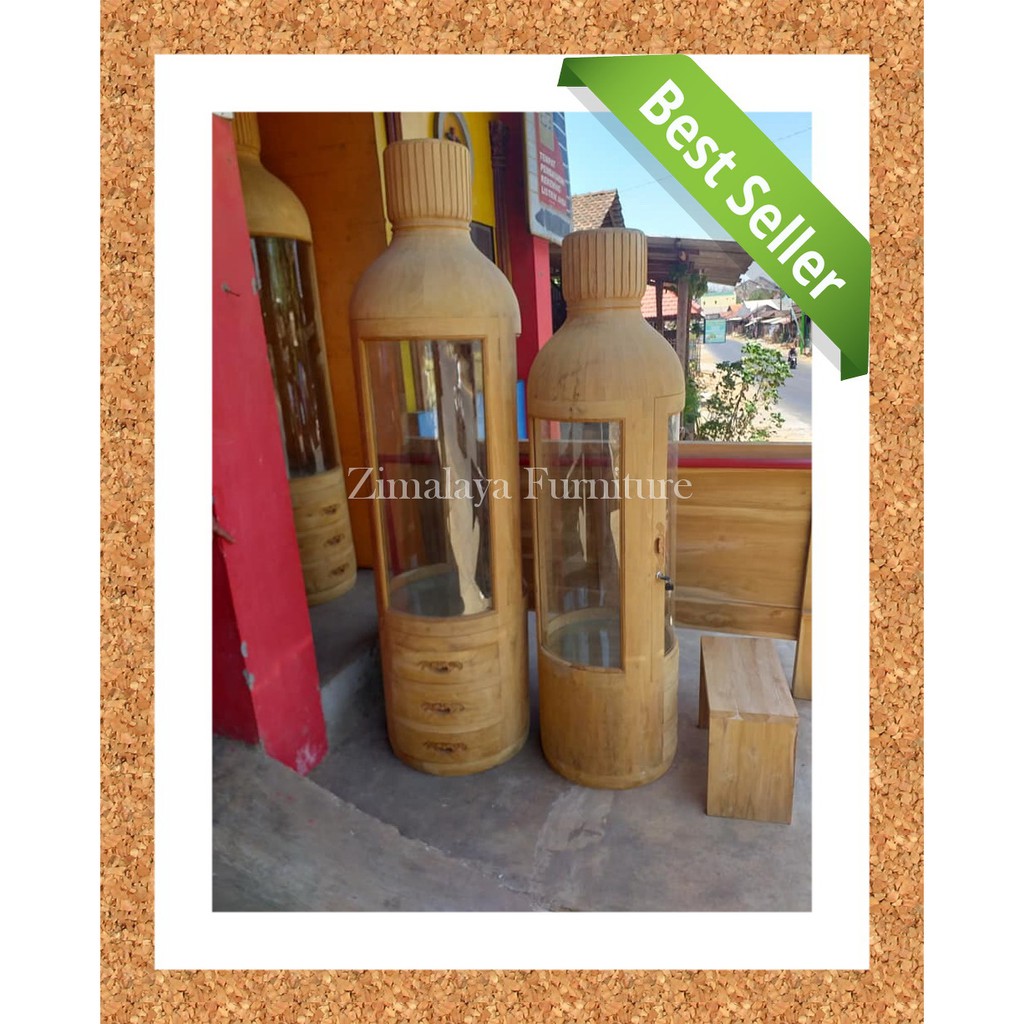 Lemari Hias Ruang Tamu Model Botol Mentah Kayu Jati, Lemari Botol Jati, Lemari Bulat Kayu
