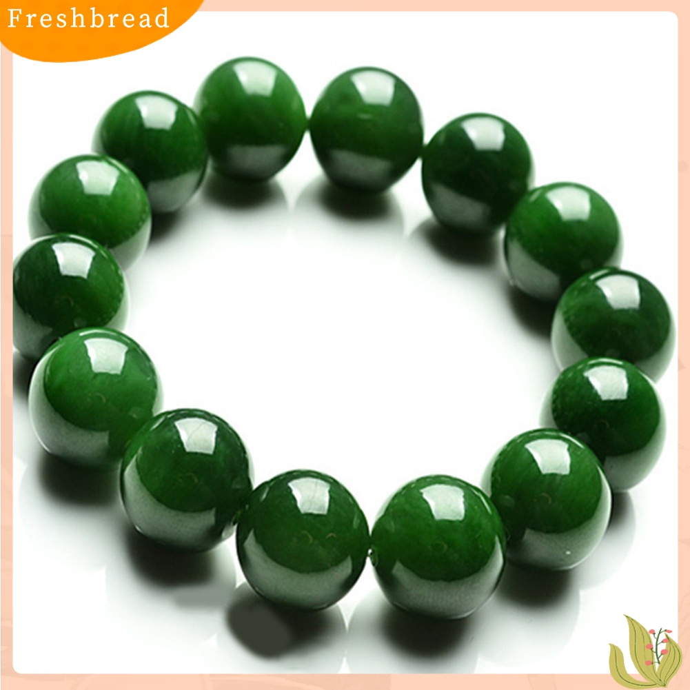 ?Fresh?? Gelang Tangan Unisex Manik Giok Imitasi Bulat Hijau Tua Elastis 10mm