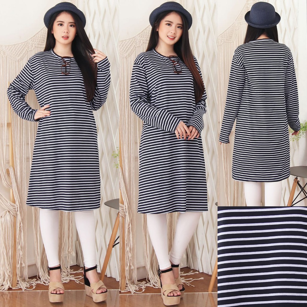 Tunik Spandex Salur Navy | Ukuran L dan XXL