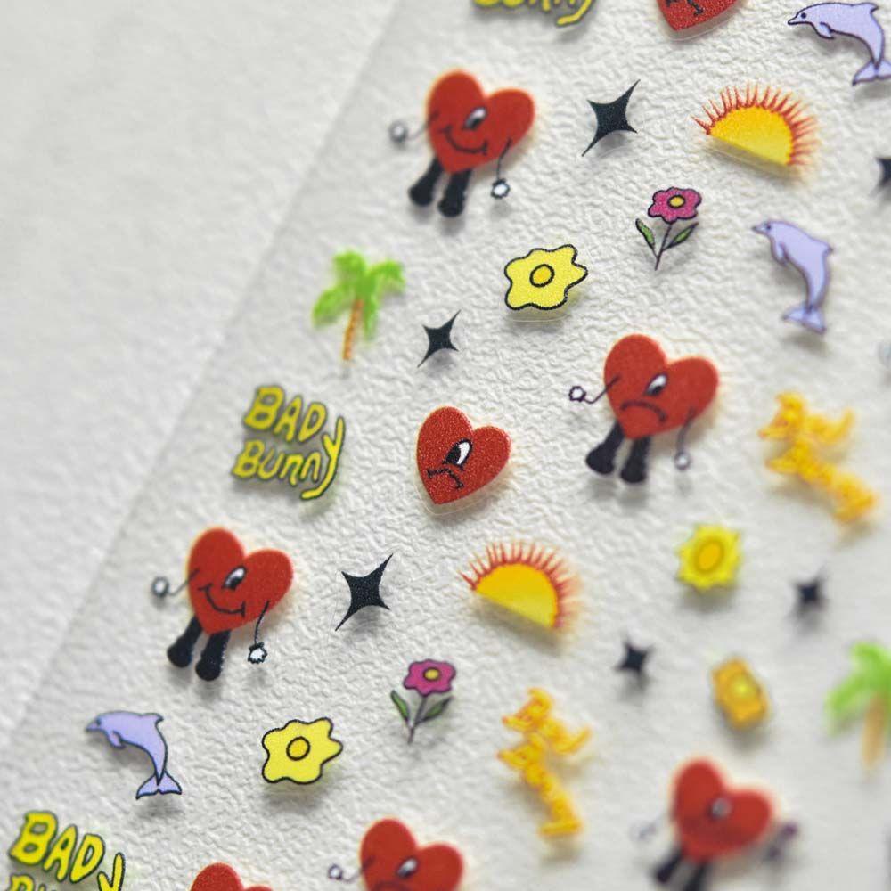 Mxbeauty Kartun Stiker Kuku Relief Perekat Diri Cinta Hati Kucing Manikur Aksesoris Lucu Nail Art Dekorasi