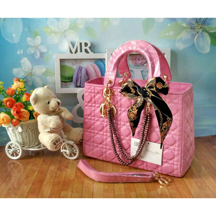 Hot Sale Tas Wanita Branded Dior Lady Mutiara Dove Size 30 Warna Baby Pink Muda