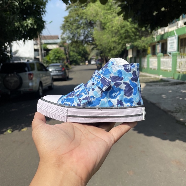 Sepatu Sneakers Biru Anak Laki Laki Motif Original Bape Army Loreng Tinggi