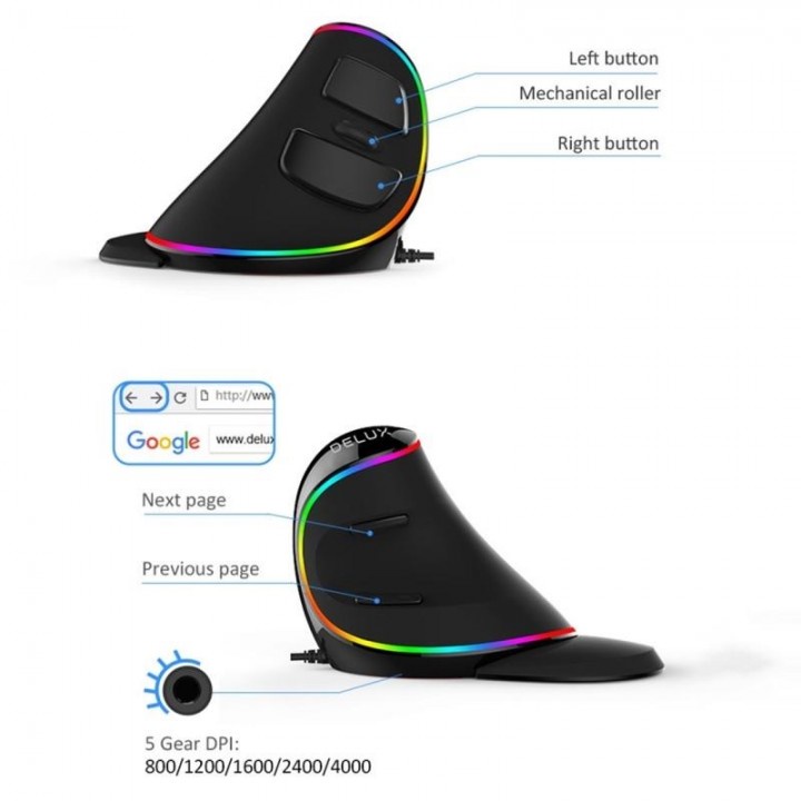 DELUX M618 PLUS - Wired Optical Ergonomic Vertical Mouse RGB Version