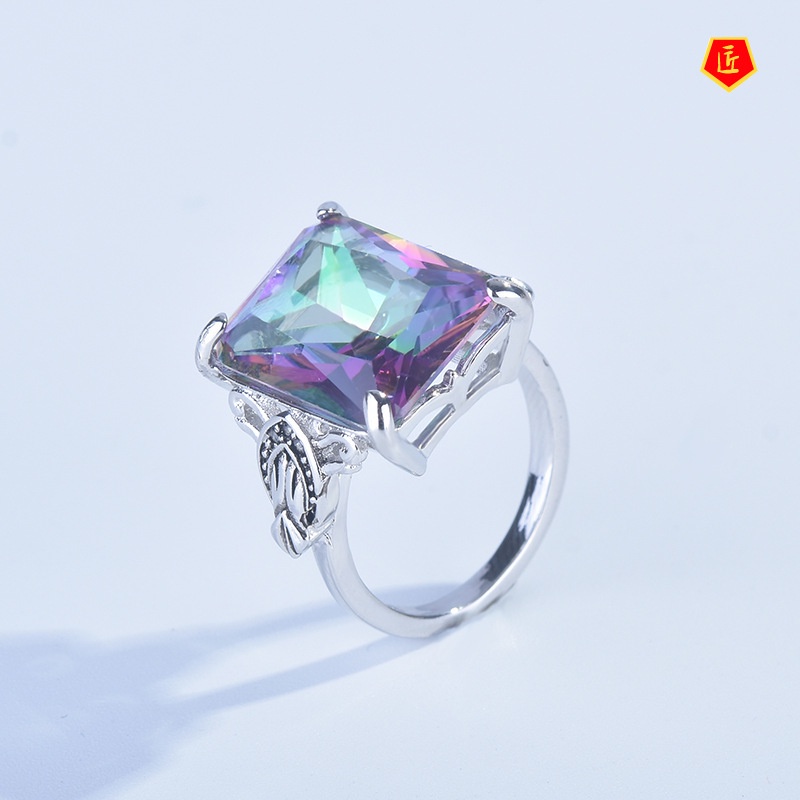 [Ready Stock]Rainbow Color Topaz Square Diamond Ring Female Creative Personality