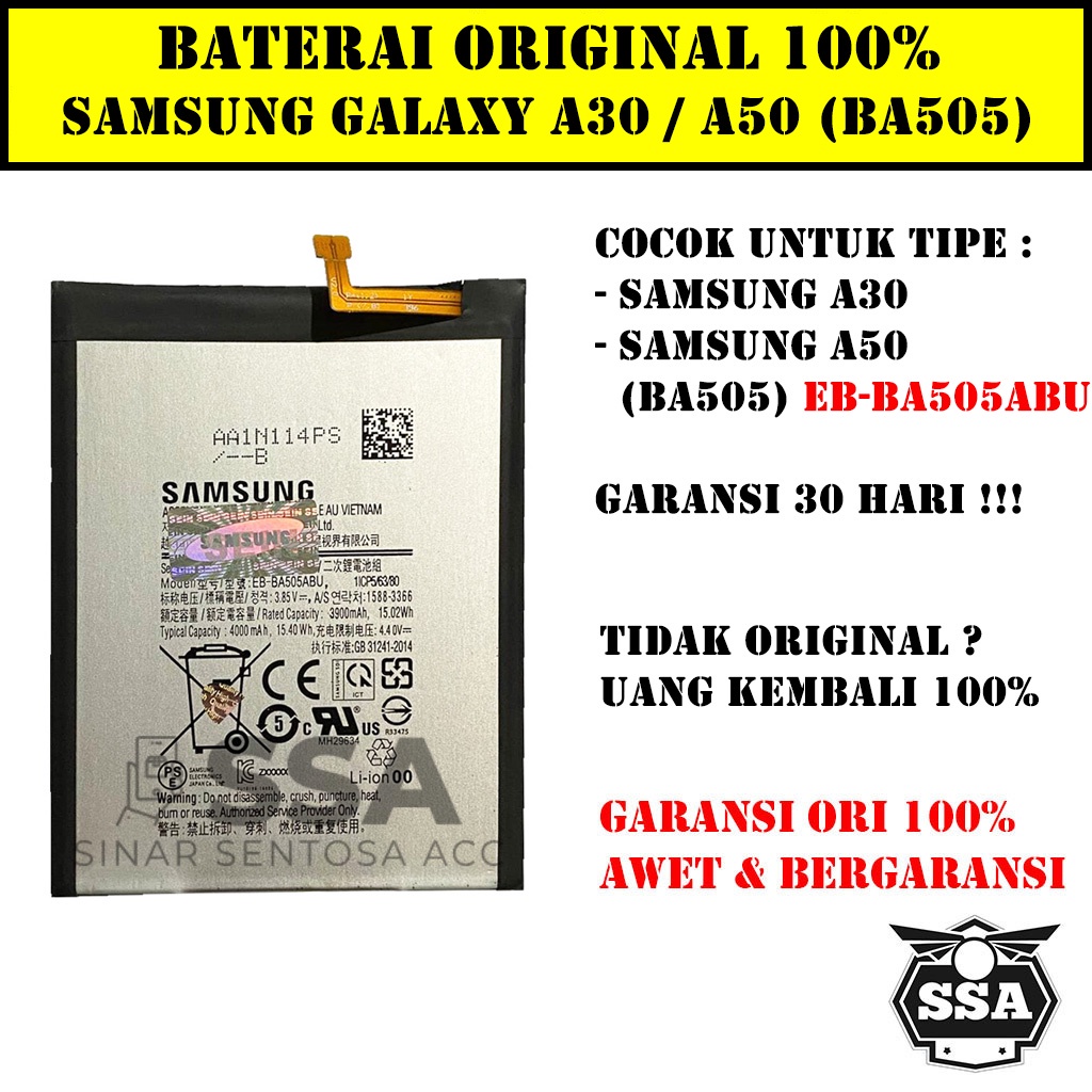 Baterai Original 100% Samsung Galaxy A30 A50 BA505 EB-BA505ABU A 30 A 50 Batrai Batu Batre Battery Batrei Handphone ORI HP