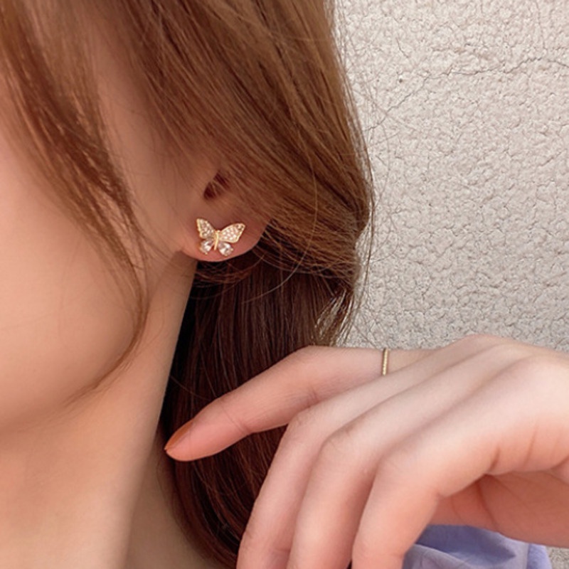 S925 Perak Anting  Jarum Kepribadian Dua Memakai Kupu Anting Menggantung Anting Kristal-2