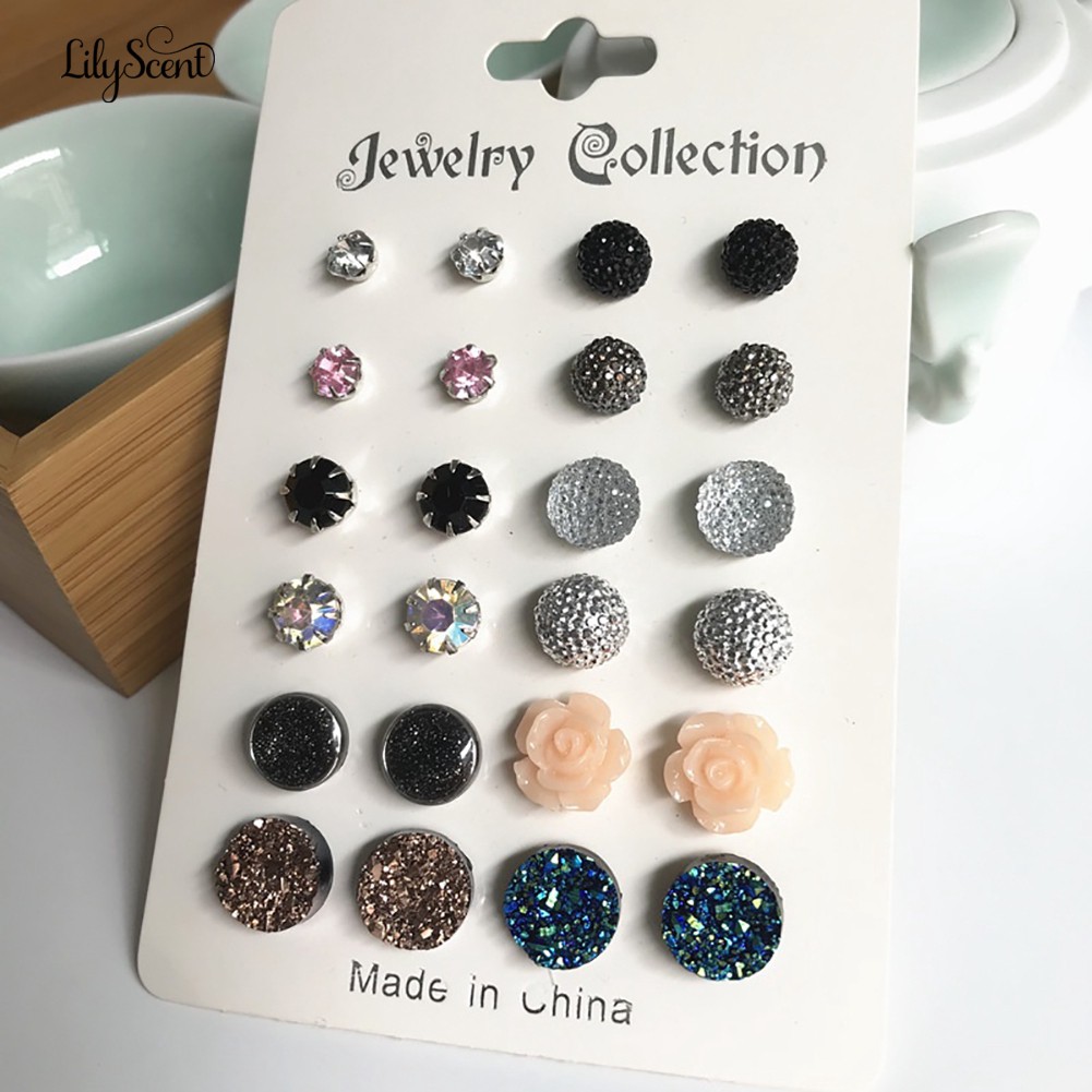 12 Pasang / Set Anting Tusuk Berlian Imitasi Bentuk Bunga Lily