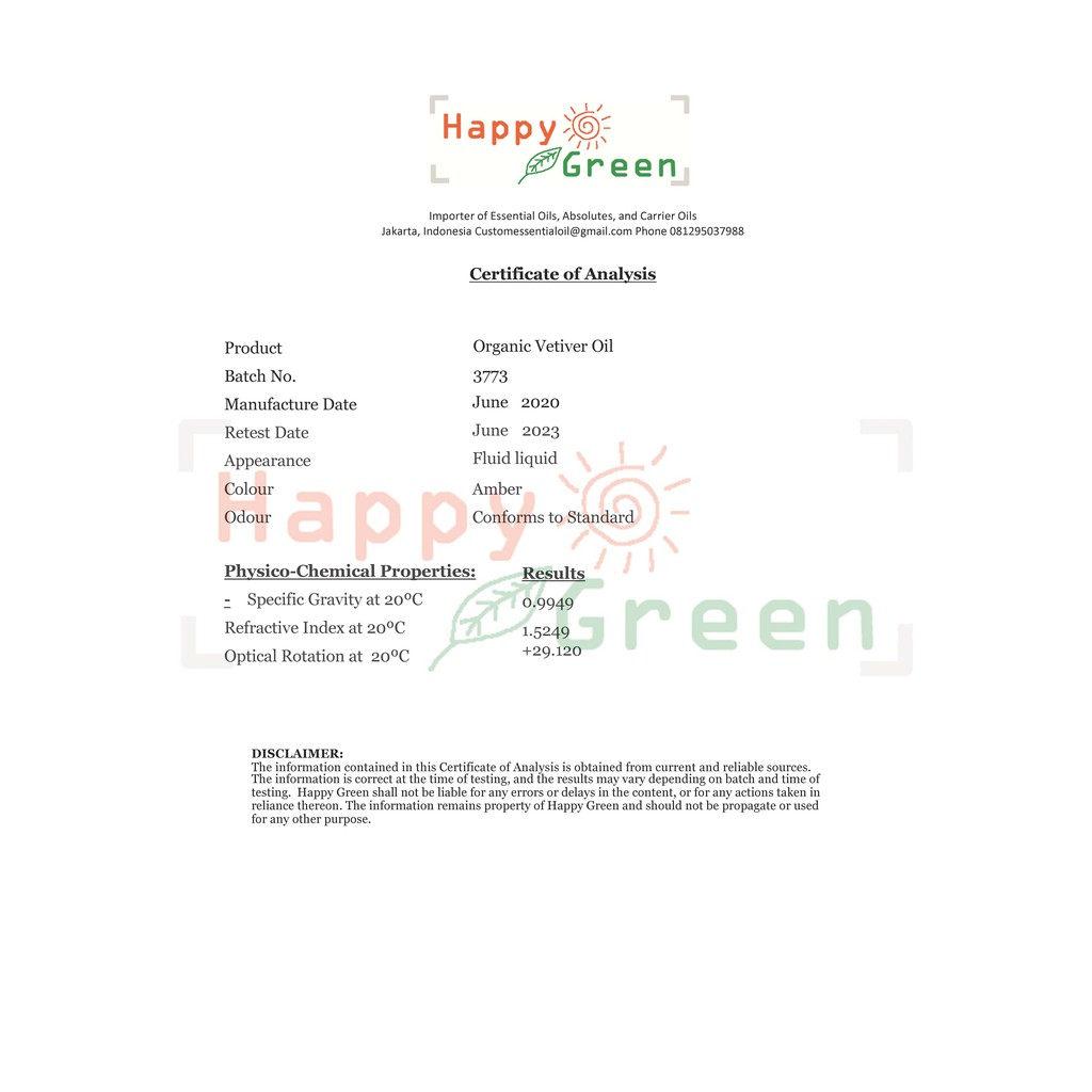 Happy Green ORGANIC Vetiver Essential Oil - Minyak Atsiri Vetiver Haiti100%