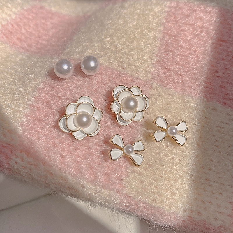 3 Pasang / Set Anting Mutiara Bentuk Bunga Camellia Pita Untuk Wanita