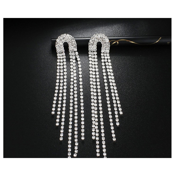 LRC Anting Tusuk Fashion Silver Diamond Tassel Multi-row Earrings F42726