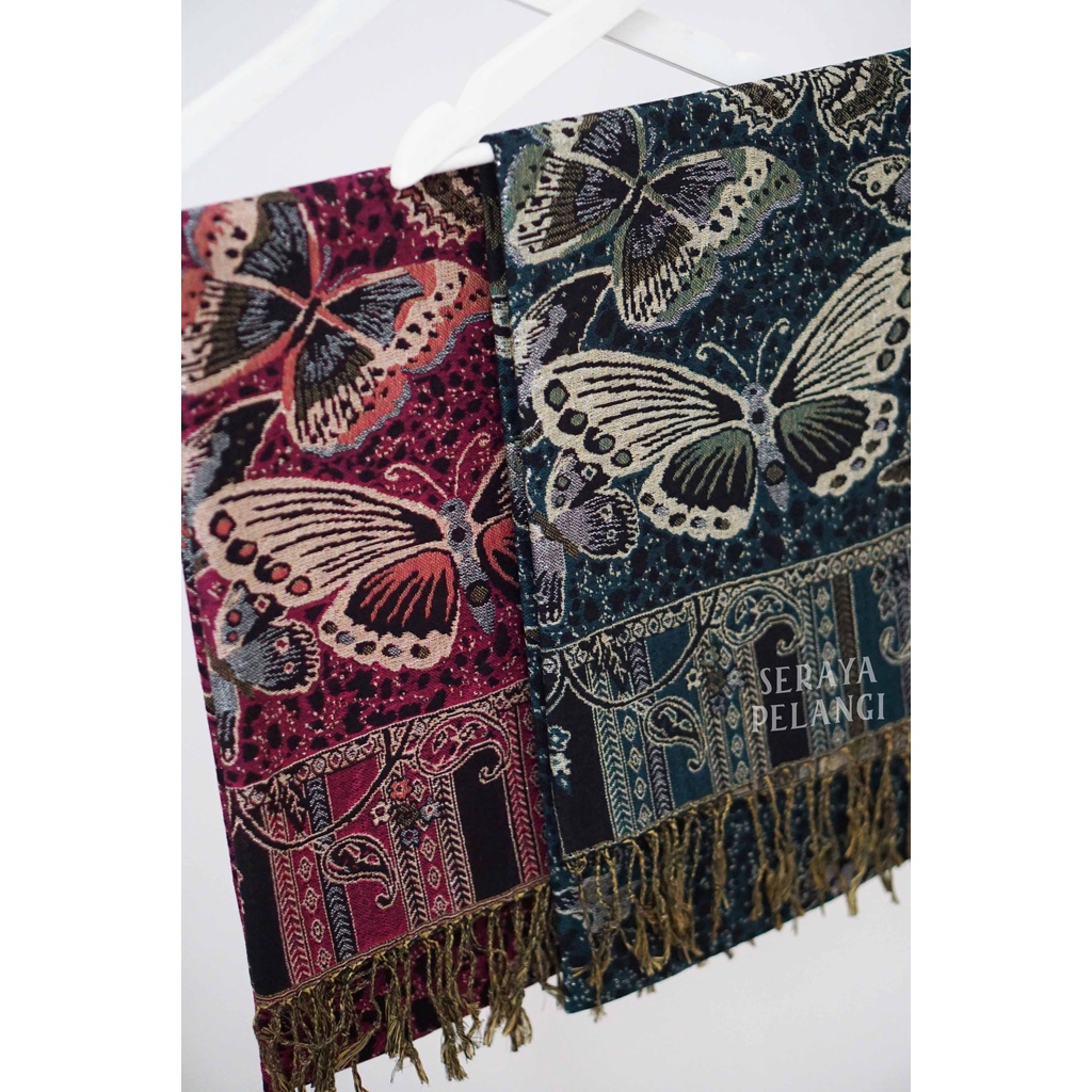 Pashmina Cashmere Metalik 11 | Motif Kupu-kupu | Selendang | Scarf | Syal | Shawl | Pasmina | Souvenir | Hadiah Ulang Tahun | Birthday Gift | Benang Emas Perak | Aksesoris Fashion | Import Quality | Grosir Murah