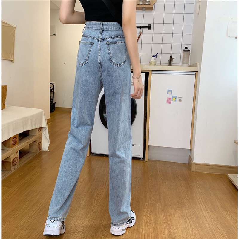 Celana jeans wanita loose high waist straight denim pants