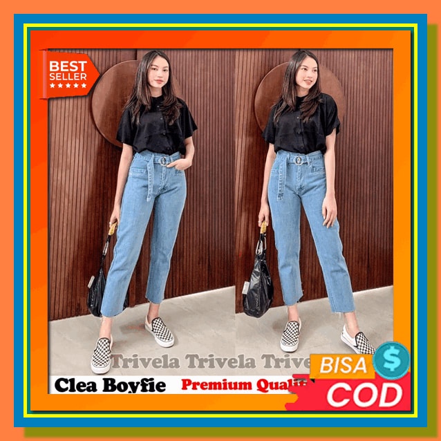 High Waist Celana Panjang Kulot Jeans Wanita Ujung Pinggir Belah Sobek Celana Jins Hw Cewek Kekinian
