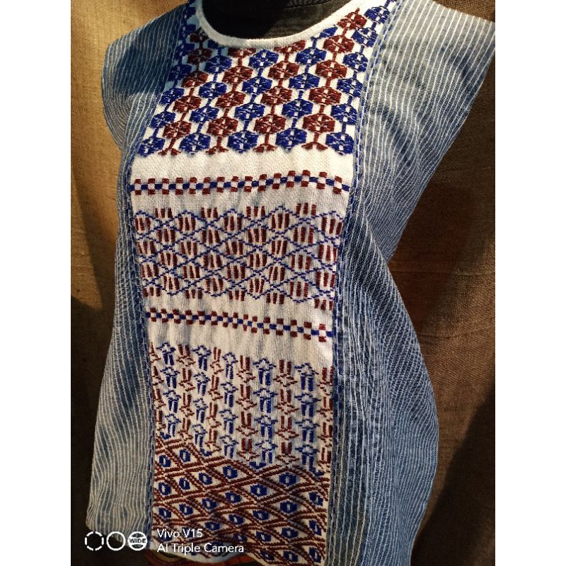 Srengenge Sashiko outer linen garis biru tua