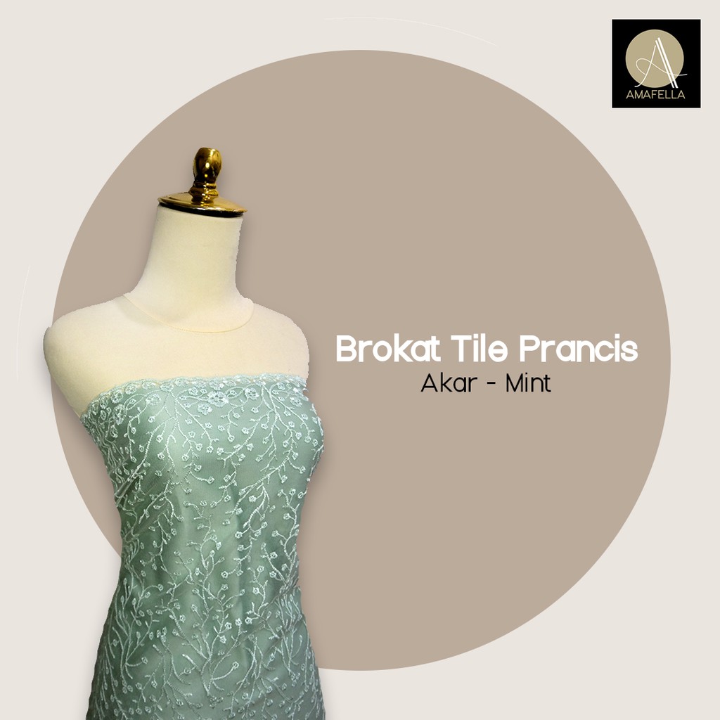 1/2 meter Kain Brokat Brukat Tile Prancis Bahan Kebaya Motif Akar Warna Light Turquoise / Mint