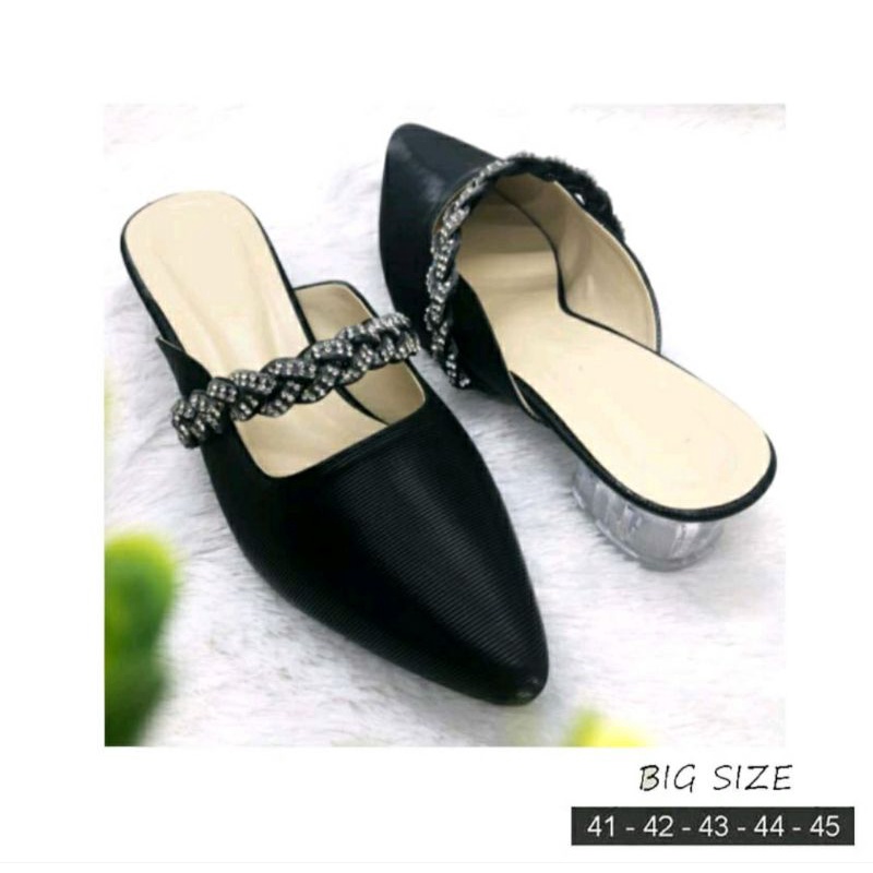 Original / Big Size Shoes MK-X Slop Formal Wanita Kekinian Big Size 41-45 Bustong Heels Mewah Size JUMBO Kaki Lebar Hitam, 44