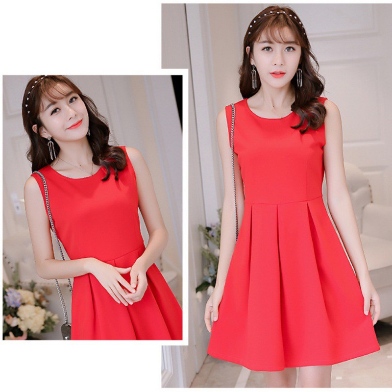 Dress Tanpa Lengan Model Slim Elegan, Warna Polos, Gaya Korea