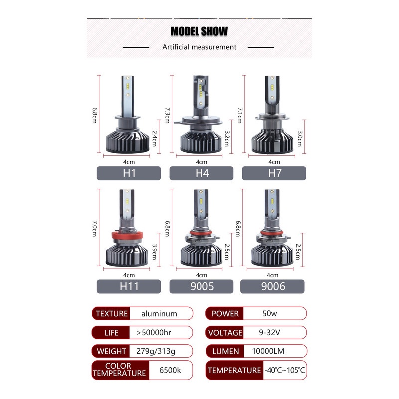 1 Pasang Bohlam Lampu Depan Mobil LED ZES H4 H7 H8 H11 H9 9012 9005 HB3 9006 HB4 H1 881 880 H27​​ 10000lm 6000K Kacamata Hitam