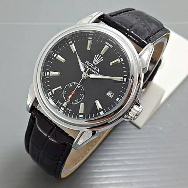 Jam Tangan Pria / Cowok Rolex Hitam Kulit Chrono Detik Bawah Automatic Matic Kinetik Free Box