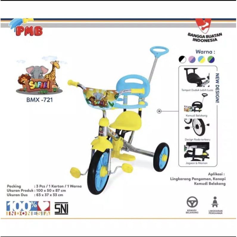PMB 721 Sepeda BMX Roda Tiga Anak Tricycle Sandaran Stenlis Nikel Dorongan Jagaan PMB 721
