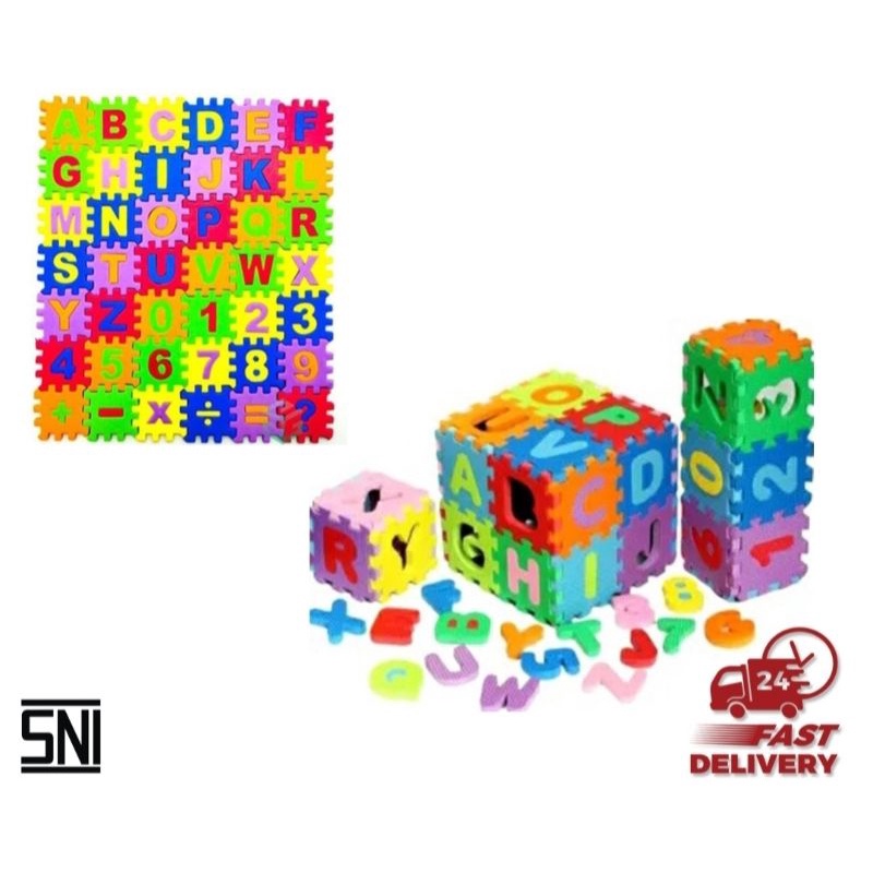 Mainan Edukasi Anak Puzzle Spon Huruf dan Angka Isi 42 Keping Murah puzzle lantai