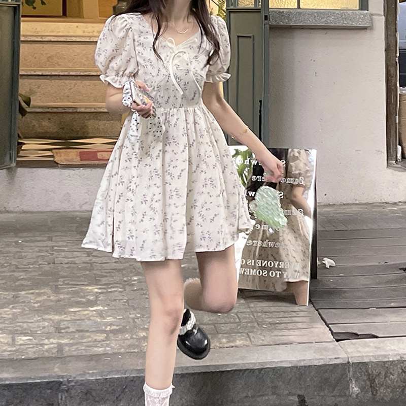 Nico##midi dress korea/Gaun Bunga Krim Wanita Musim Panas Lembut Prancis Lengan Gelembung Rok Sifon Rok Cinta Pertama