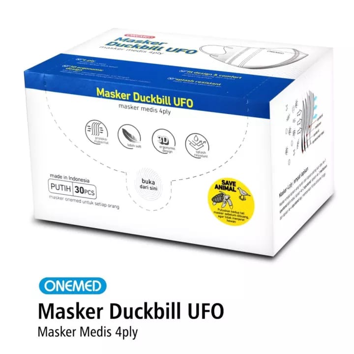 MASKER KARET MEDIS DUCKBILL UFO PUTIH 4 PLY ONEMED BOX ISI 30 LEMBAR / MASKER DUCKBILL