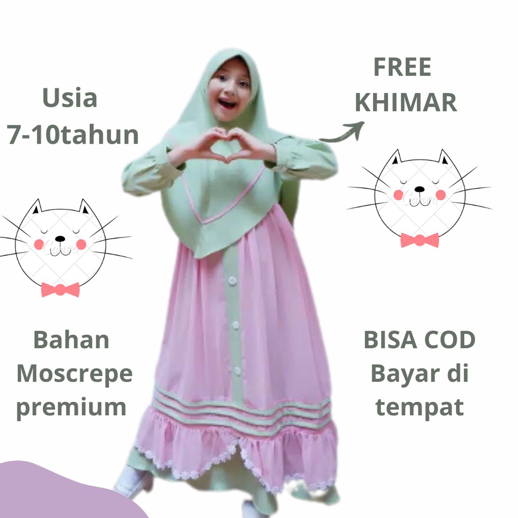 Basela kids / Gamis anak usia 7-10 tahun / Gamis anak plus khimar terbaru 2021 kekinian