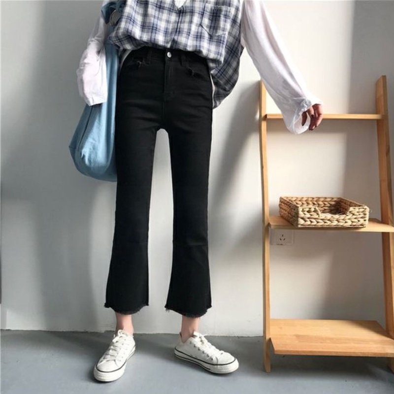 yikoo-Celana Panjang Hitam Korea Jeans Flare Wanita