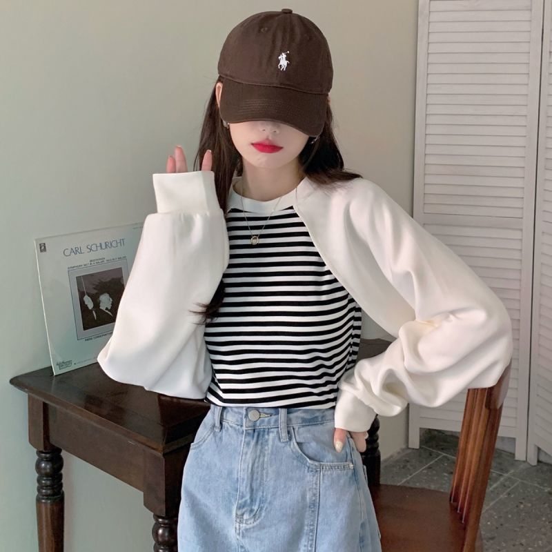 #Sisjuly# Wanita Gaya Korea Temperamen Jahitan Bergaris Palsu Dua Potong Sweater Wanita Musim Gugurm dan Musim