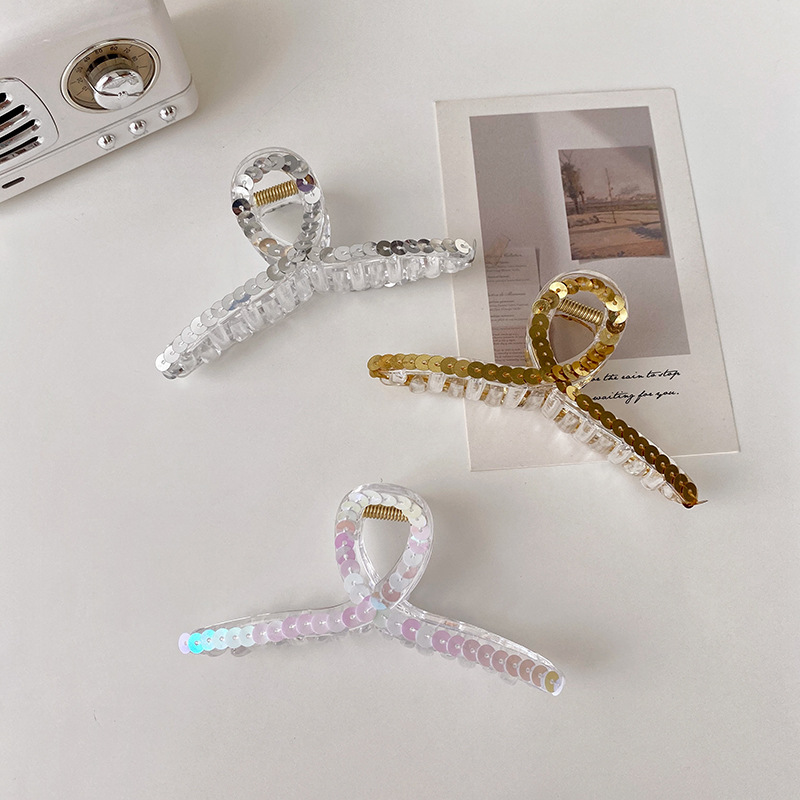 Kami Bunga Musim Panas Fashion Bersinar Sequin Acrylic Hair Claw Clip Untuk Wanita Perempuan Korea Besar Warna-Warni Resin Jepit Rambut Ponytail Holder Hair Clamp Aksesoris