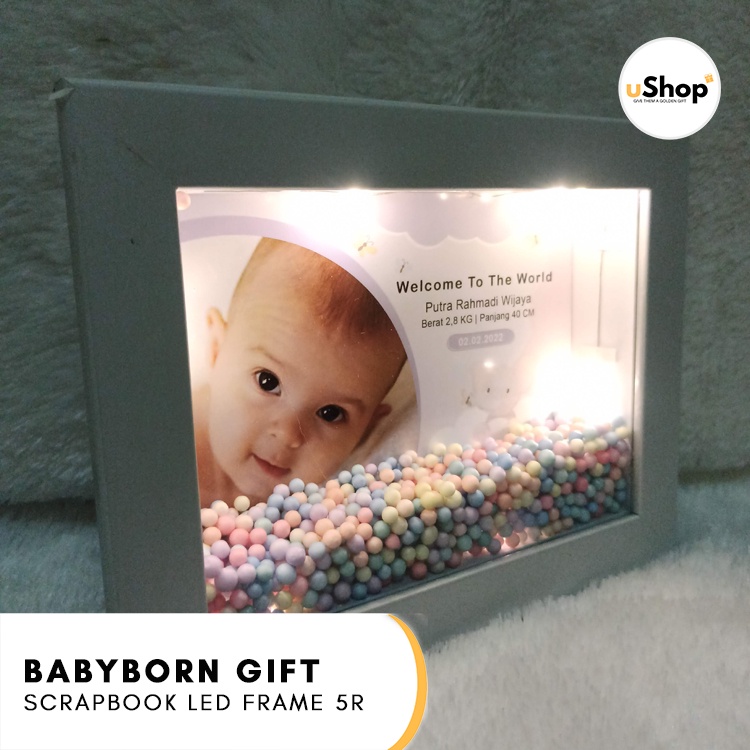 Kado Lahiran Anak Baby Born Scrapbook LED Frame 5R Kado Bayi Hamper Bayi