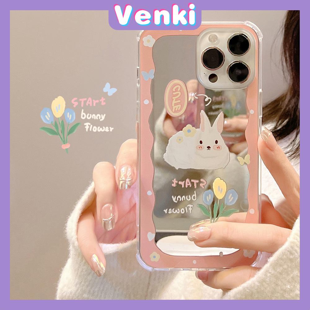 iPhone Case Acrylic Mirror Airbag Shockproof Protection Camera Cute Pink Rabbit Flowers Compatible For iPhone 11 iPhone 13 Pro Max iPhone 12 Pro Max iPhone 7 Plus iPhone x xr xs