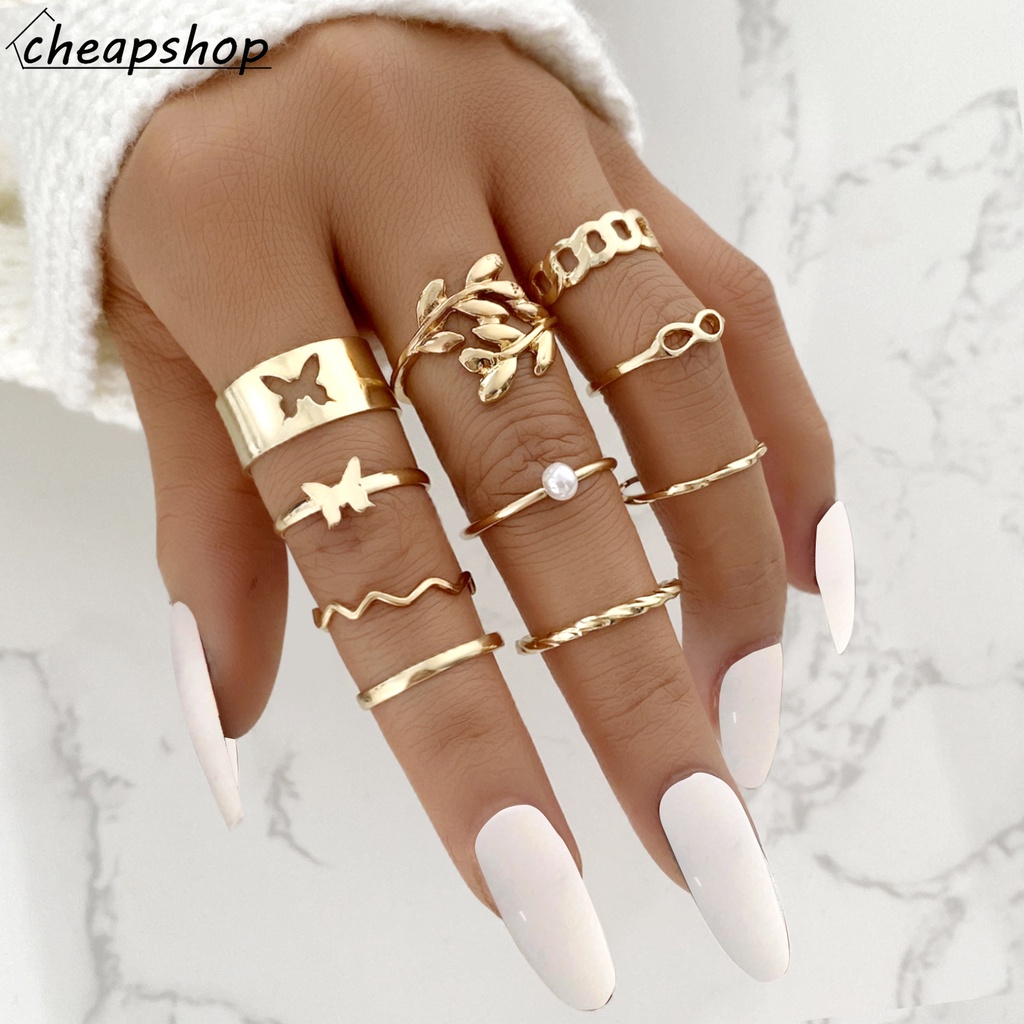 IFYOU 10pcs / set Cincin Jari Desain Kupu-Kupu Cutout Warna Emas Gaya Vintage Untuk Wanita