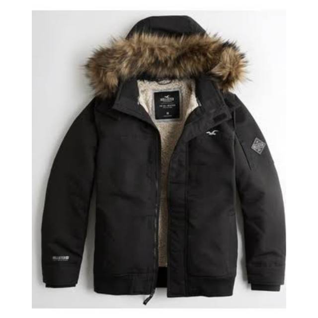 Hollister HLSMen Sherpa Lined Hooded Bomber Black Jacket - Jaket Pria Winter Musim Dingin (NoFur)