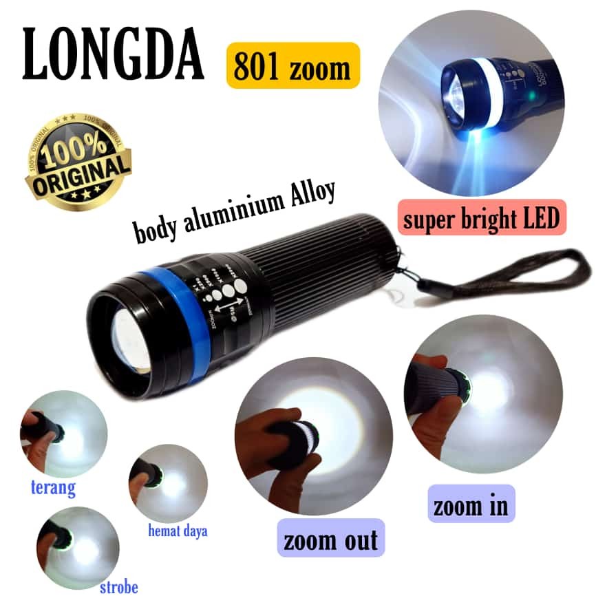 Senter LED Mini Zoom Super Terang LONGDA 801 + Sarung Senter