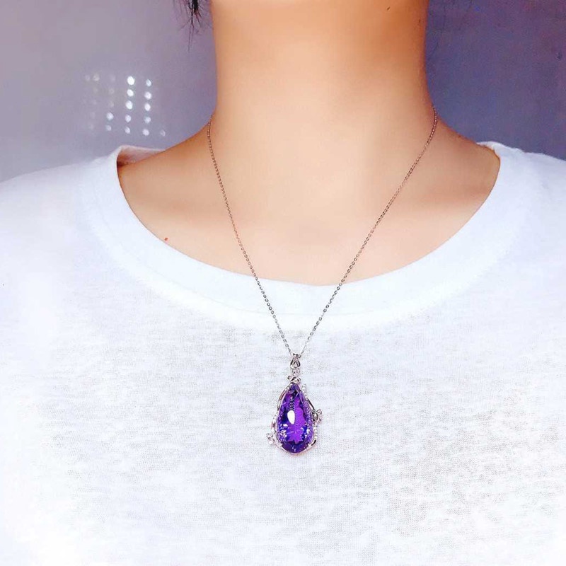 Kalung Rantai Liontin Geometri Hias Kristal Cubic Zirconia Ungu Ala Eropaamerika Untuk Wanita