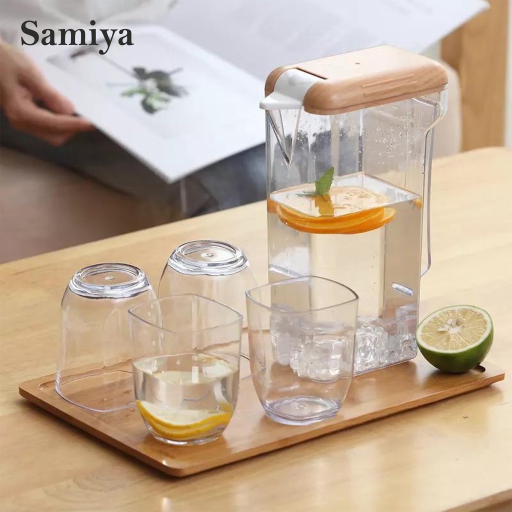 botol tempat air minum nordic style wood cover plastic / pitcher minuman set transparan free gelas