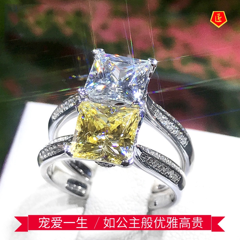 [Ready Stock]Moissanite Square Diamond Ring Pt950 Yellow Diamond Luxury